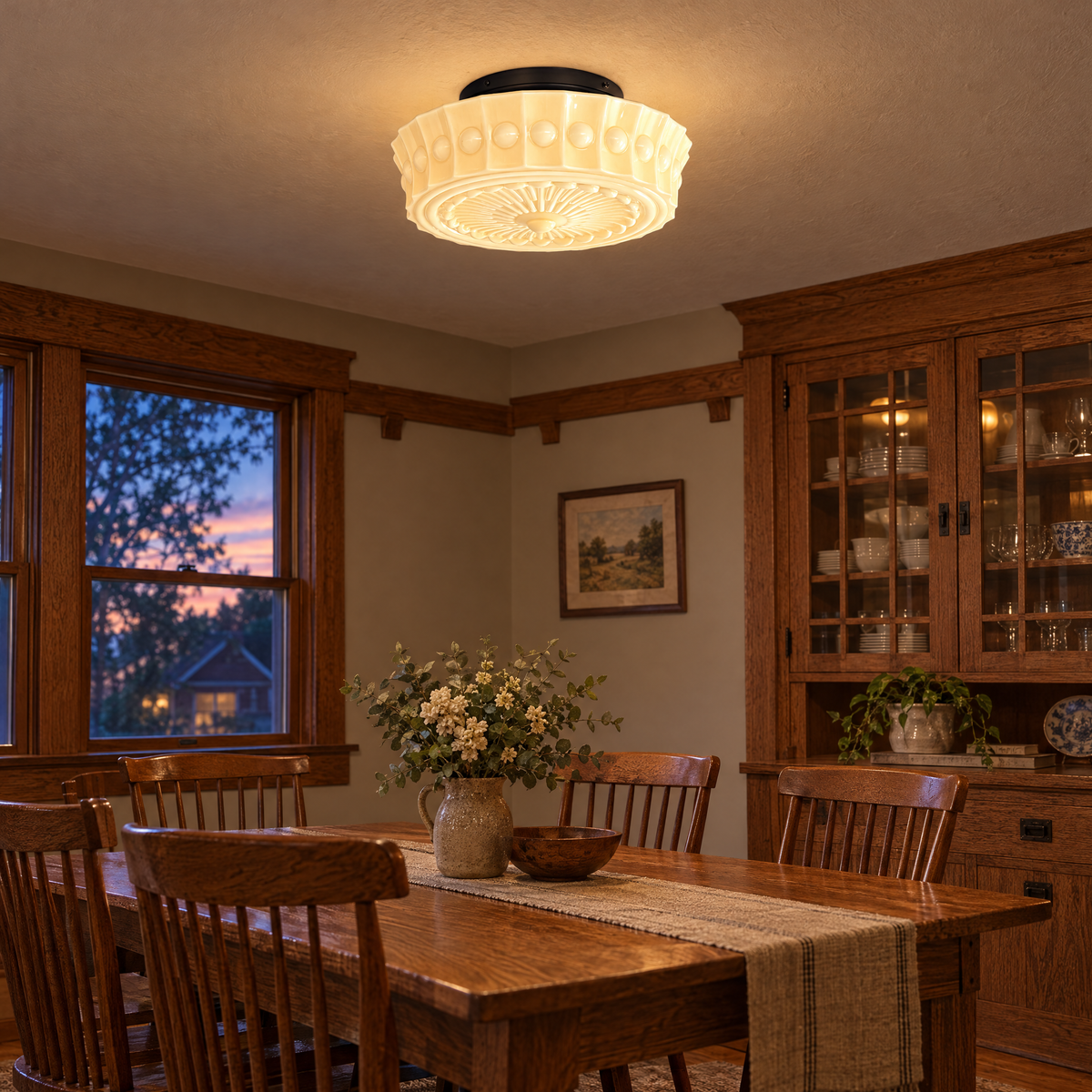 Hartwell flush mount ceiling light in Black &amp; Beige in a Craftsman bungalow dining room