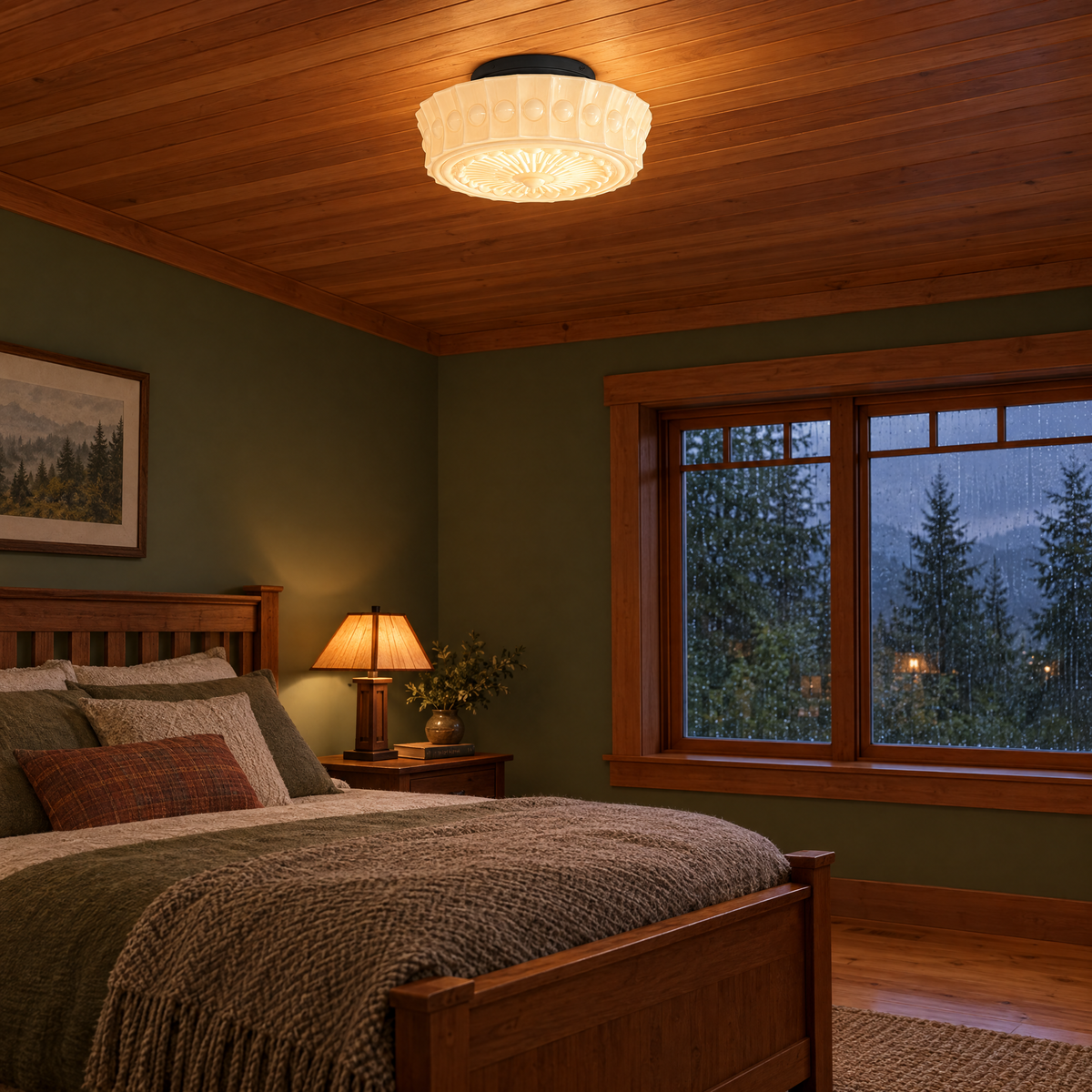 Hartwell flush mount ceiling light in Black &amp; Beige in a Pacific Northwest craftsman bedroom