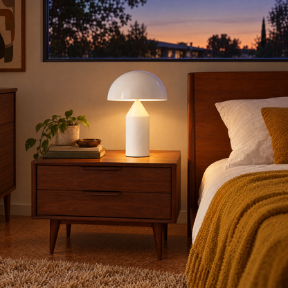 Dorsey mushroom table lamp in gloss white in a mid-century ranch bedroom