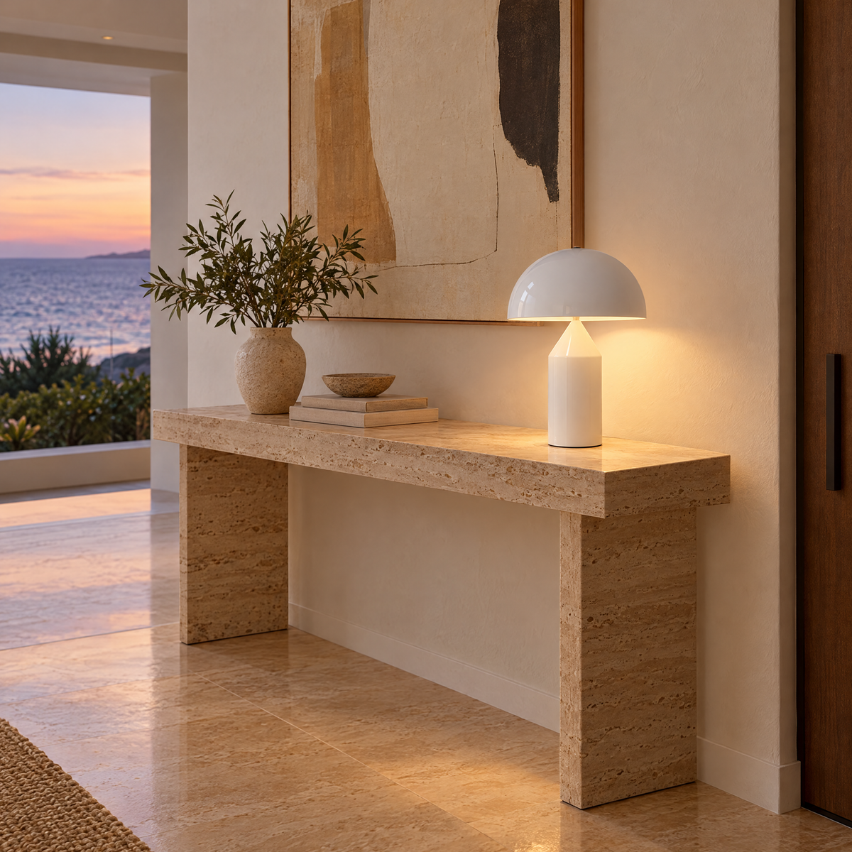 Dorsey mushroom table lamp in gloss white in a Malibu contemporary entryway