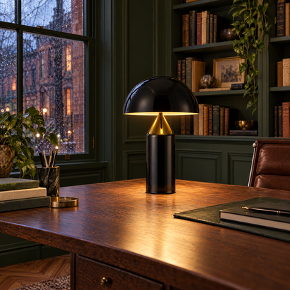 Dorsey mushroom table lamp in gloss black in a Brooklyn brownstone home office