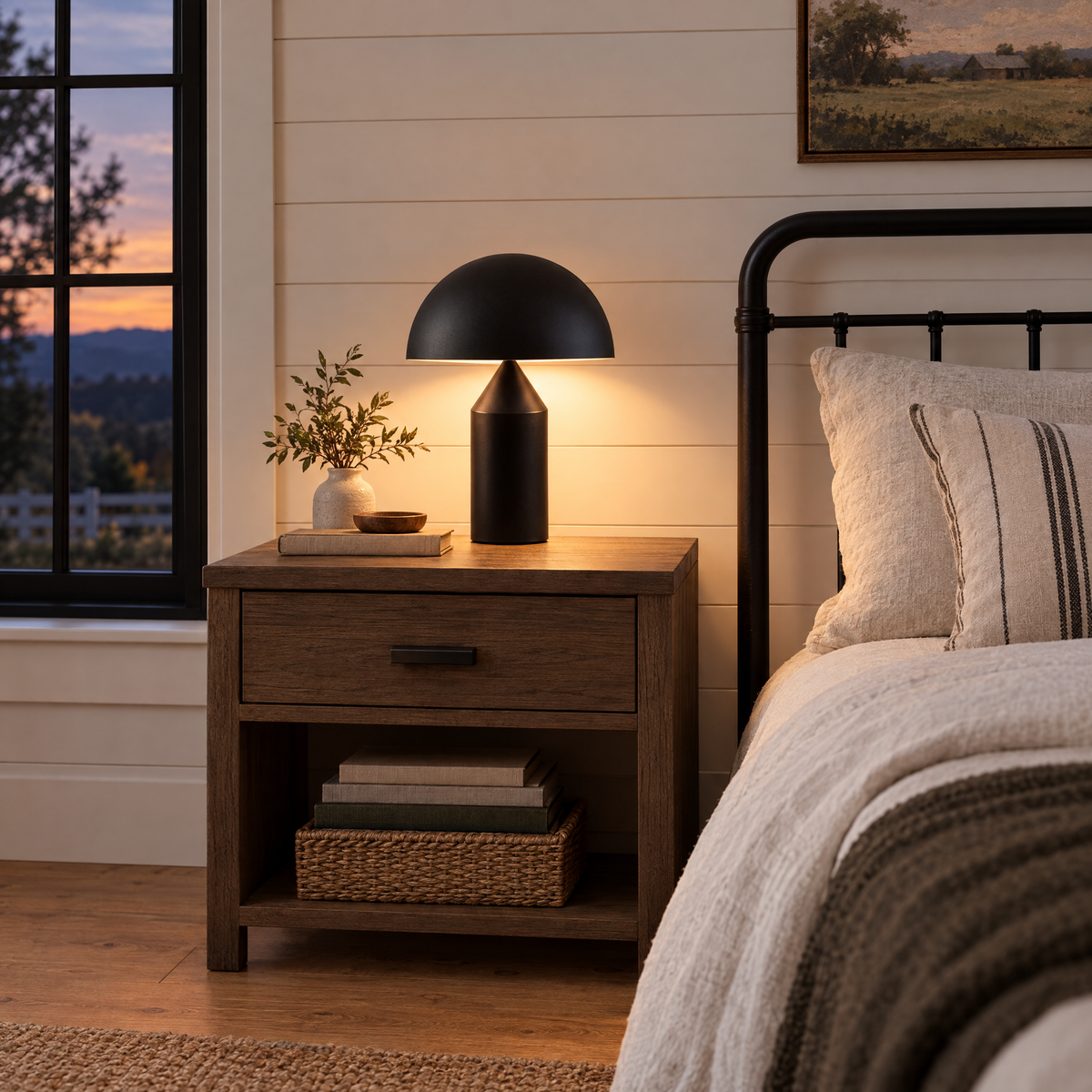 Dorsey mushroom table lamp in matte black in a Nashville modern farmhouse bedroom