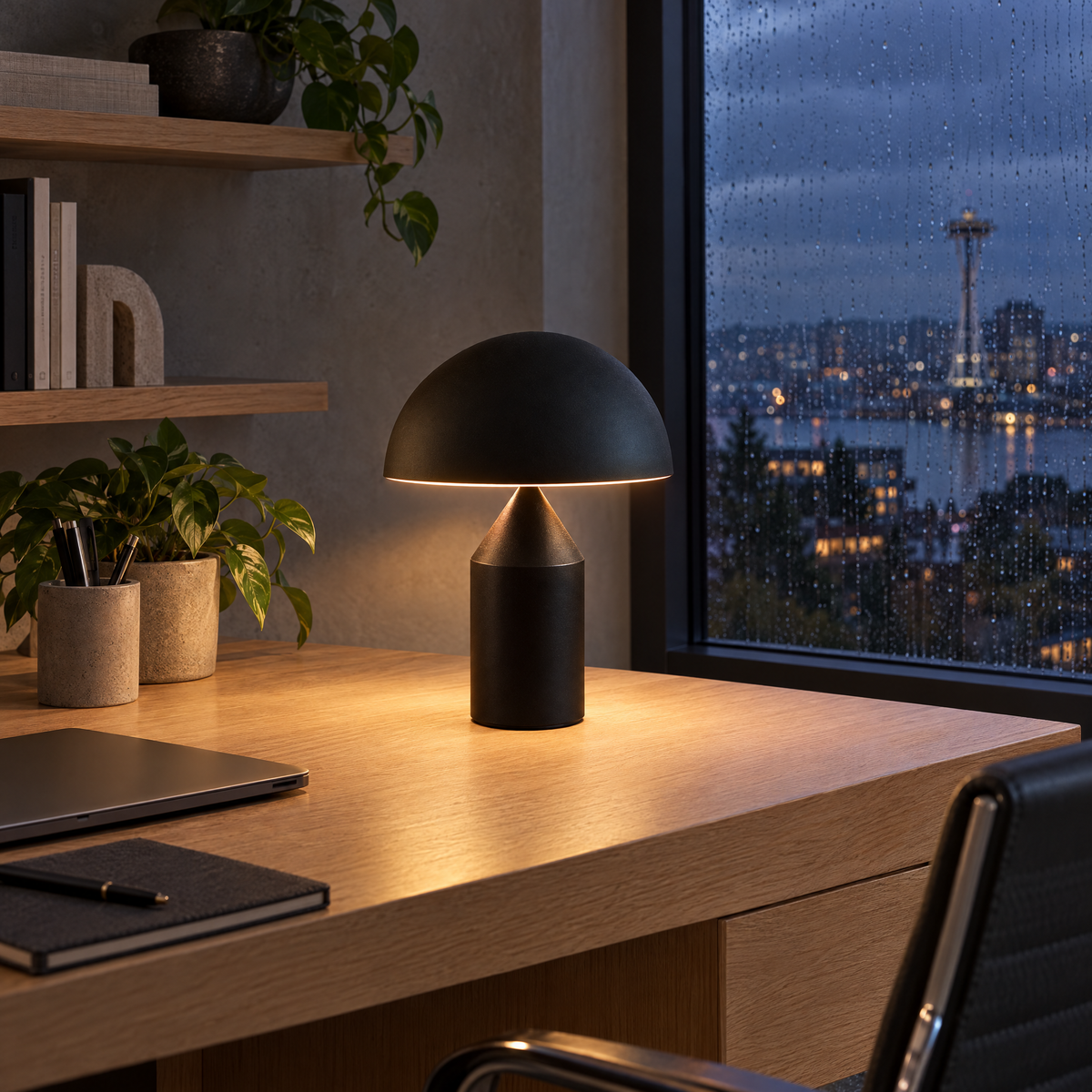 Dorsey mushroom table lamp in matte black in a Seattle modern townhouse home office