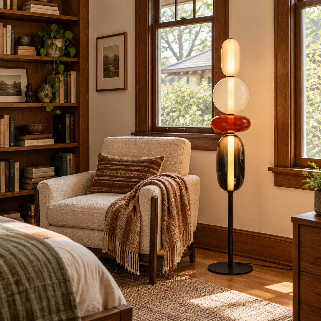 Bijou glass floor lamp in red in a bedroom reading corner