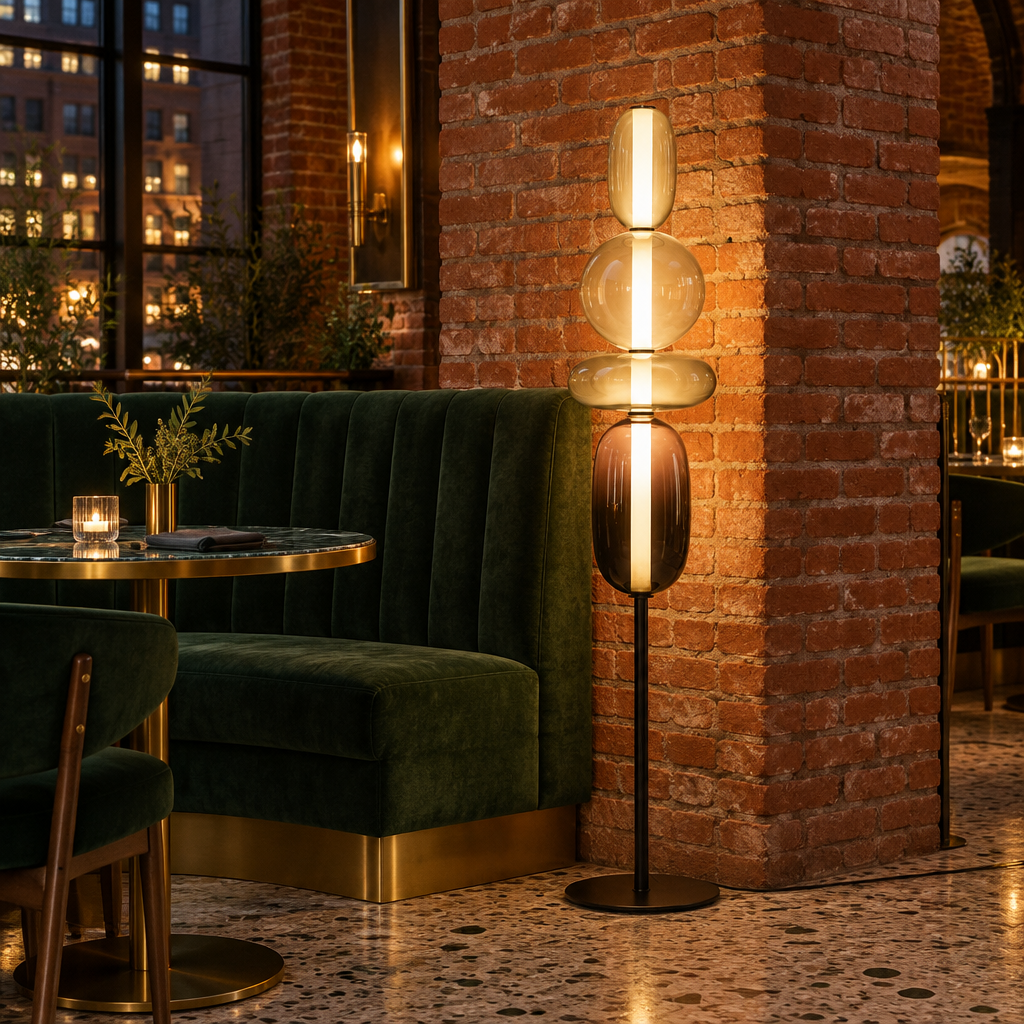 Bijou glass floor lamp in white in a restaurant waiting area