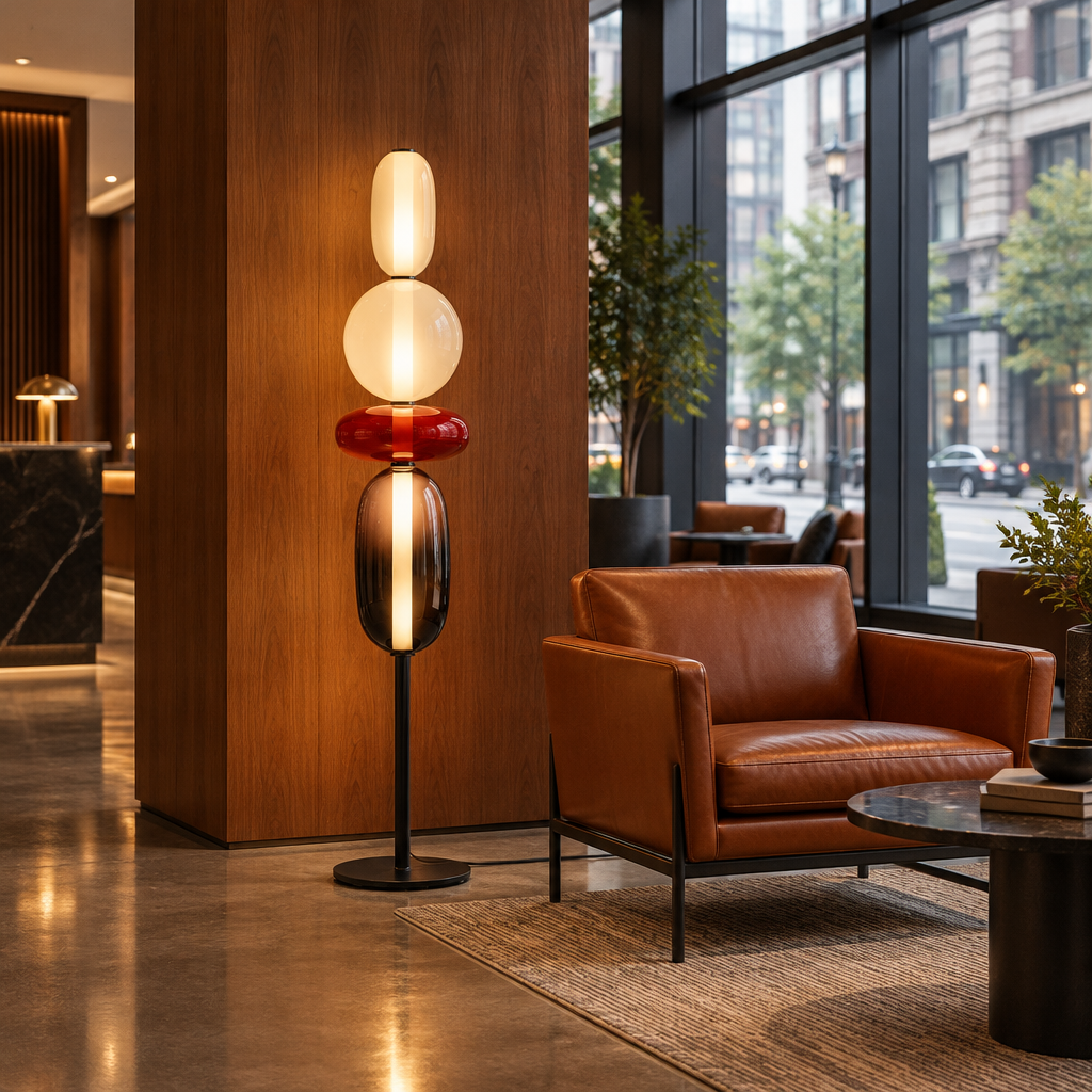 Bijou glass floor lamp in red in a hotel lobby lounge