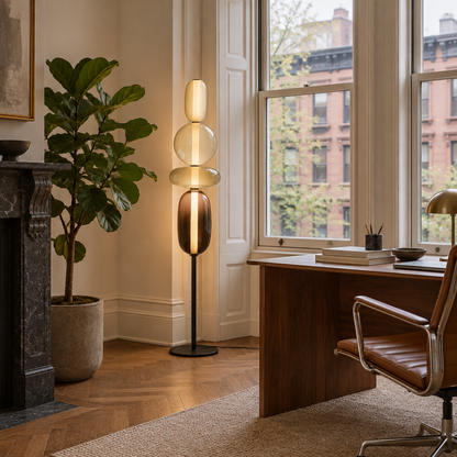 Bijou glass floor lamp in white in a brownstone home office