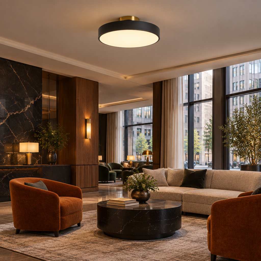 Tuva Flush Mount LED Ceiling Light, Black, in a boutique hotel lobby lounge in a downtown U.S. city building