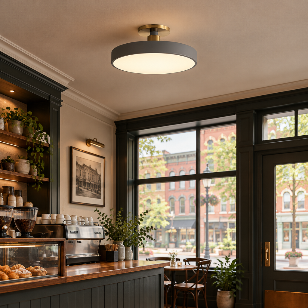 Tuva Flush Mount LED Ceiling Light, Grey, in a coffee shop in a historic Main Street storefront