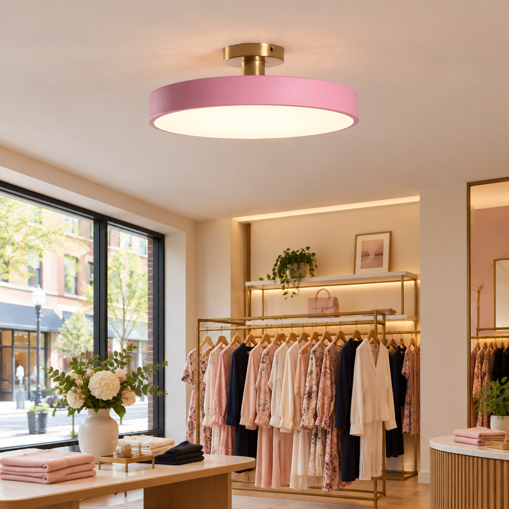 Tuva Flush Mount LED Ceiling Light, Pink, in a boutique clothing store in a U.S. shopping district