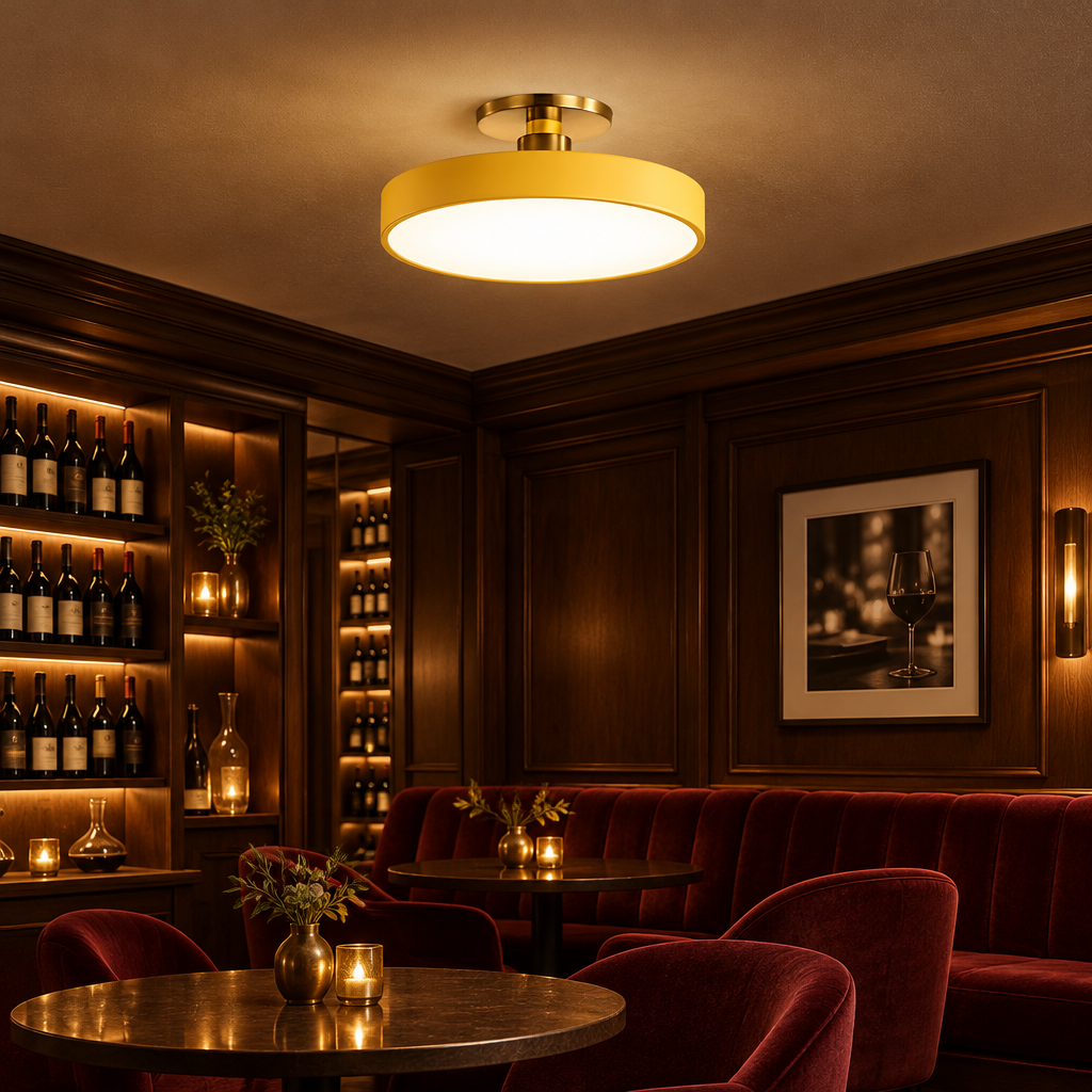 Tuva Flush Mount LED Ceiling Light, Yellow, in an intimate wine bar with dark wood and velvet seating