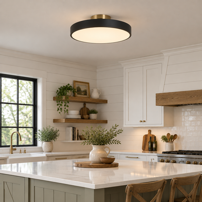 Tuva Flush Mount LED Ceiling Light, Black, in a modern farmhouse kitchen with a white quartz island and shiplap walls