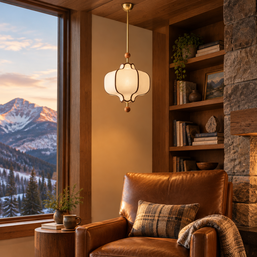 Yuki Fabric Lantern Pendant Light in a Colorado mountain home reading nook with a leather armchair