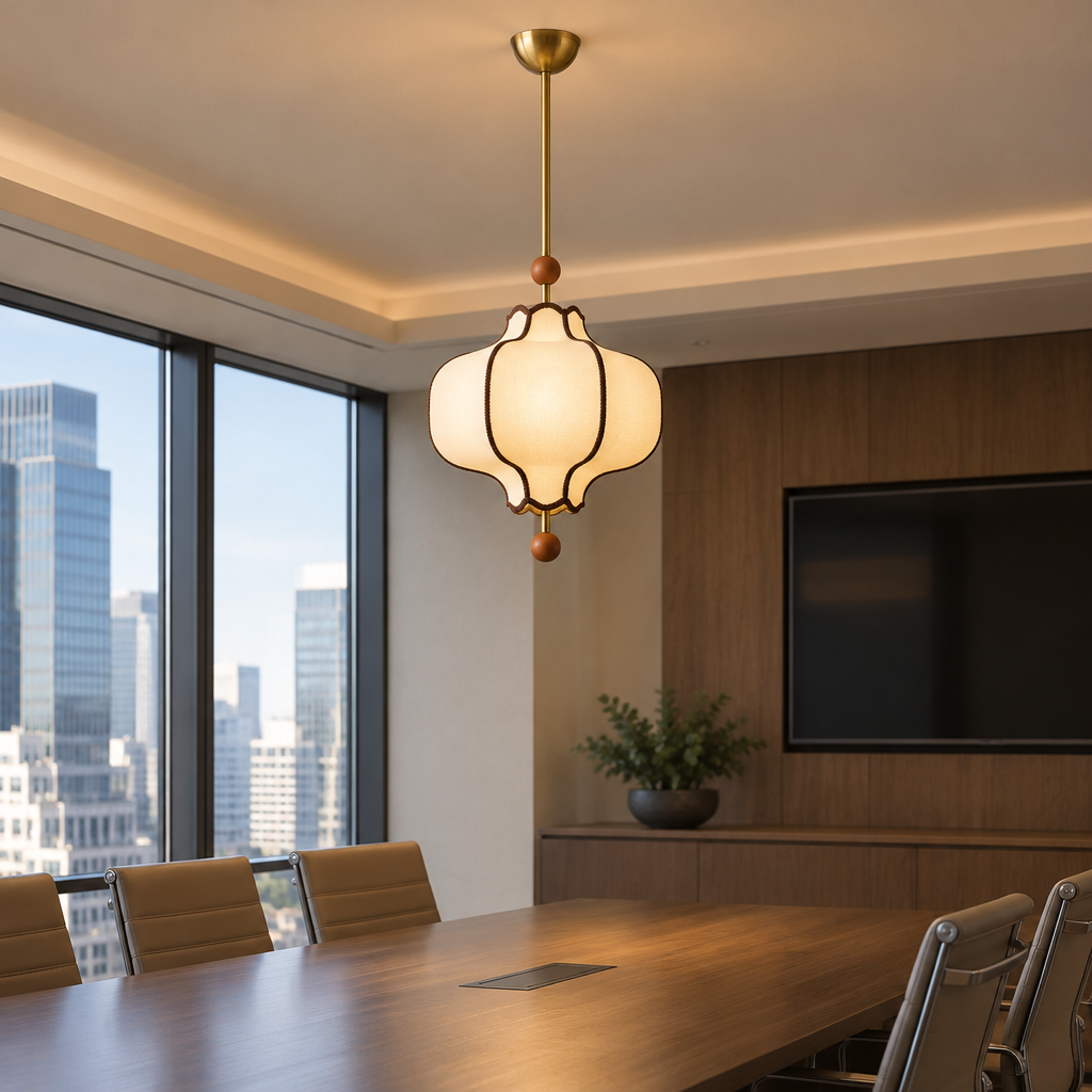 Yuki Fabric Lantern Pendant Light in a corporate conference room in a Class A office building