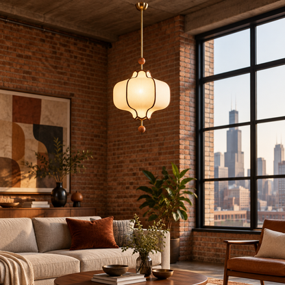 Yuki Fabric Lantern Pendant Light in a Chicago loft living area with exposed brick and large factory windows