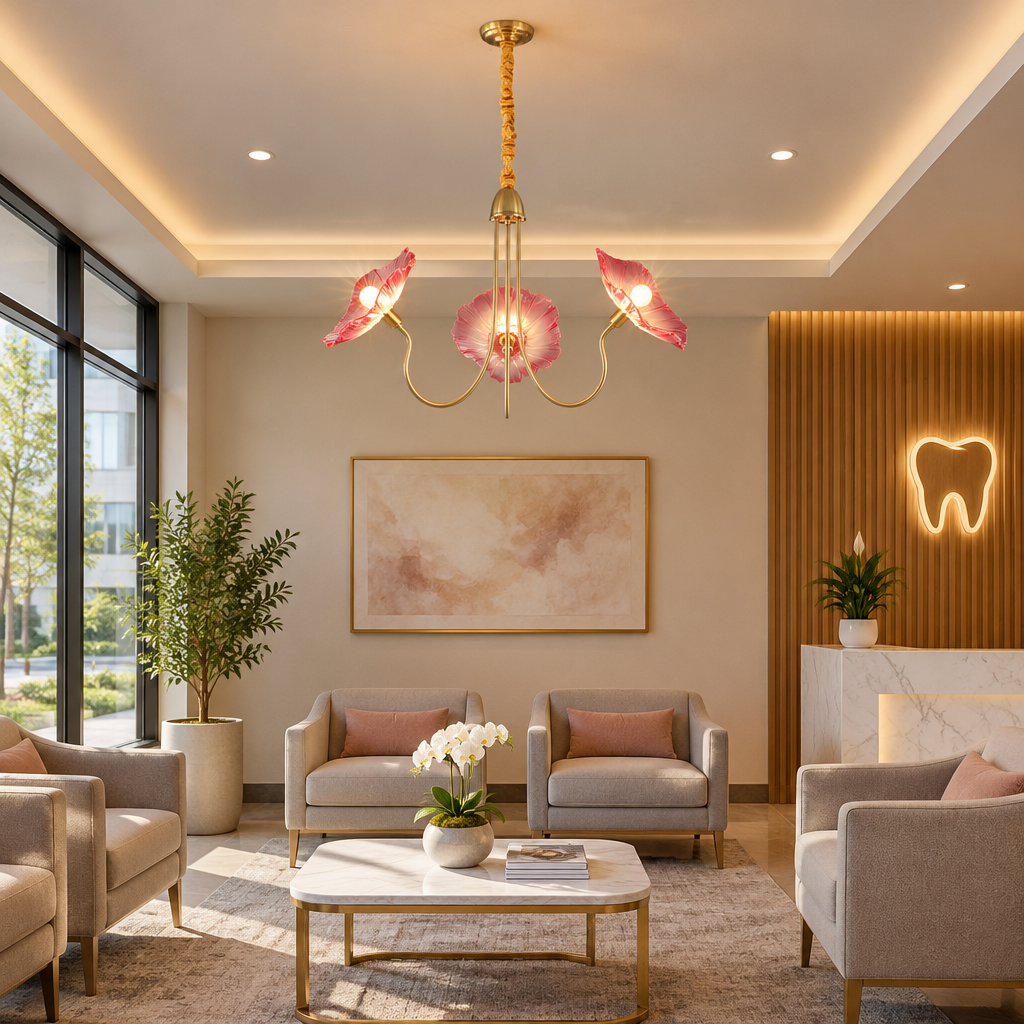 Ulani Lotus Leaf Glass Chandelier, 3 Lights Gold and Pink, in a dental office waiting room in a modern medical building