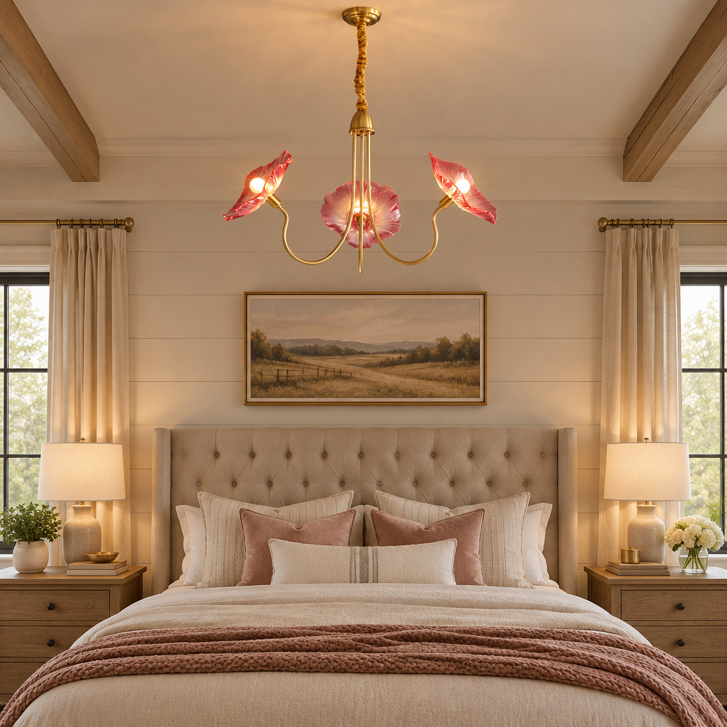 Ulani Lotus Leaf Glass Chandelier, 3 Lights Gold and Pink, in a Nashville modern farmhouse primary bedroom with a tufted headboard