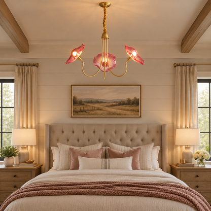 Ulani Lotus Leaf Glass Chandelier, 3 Lights Gold and Pink, in a Nashville modern farmhouse primary bedroom with a tufted headboard