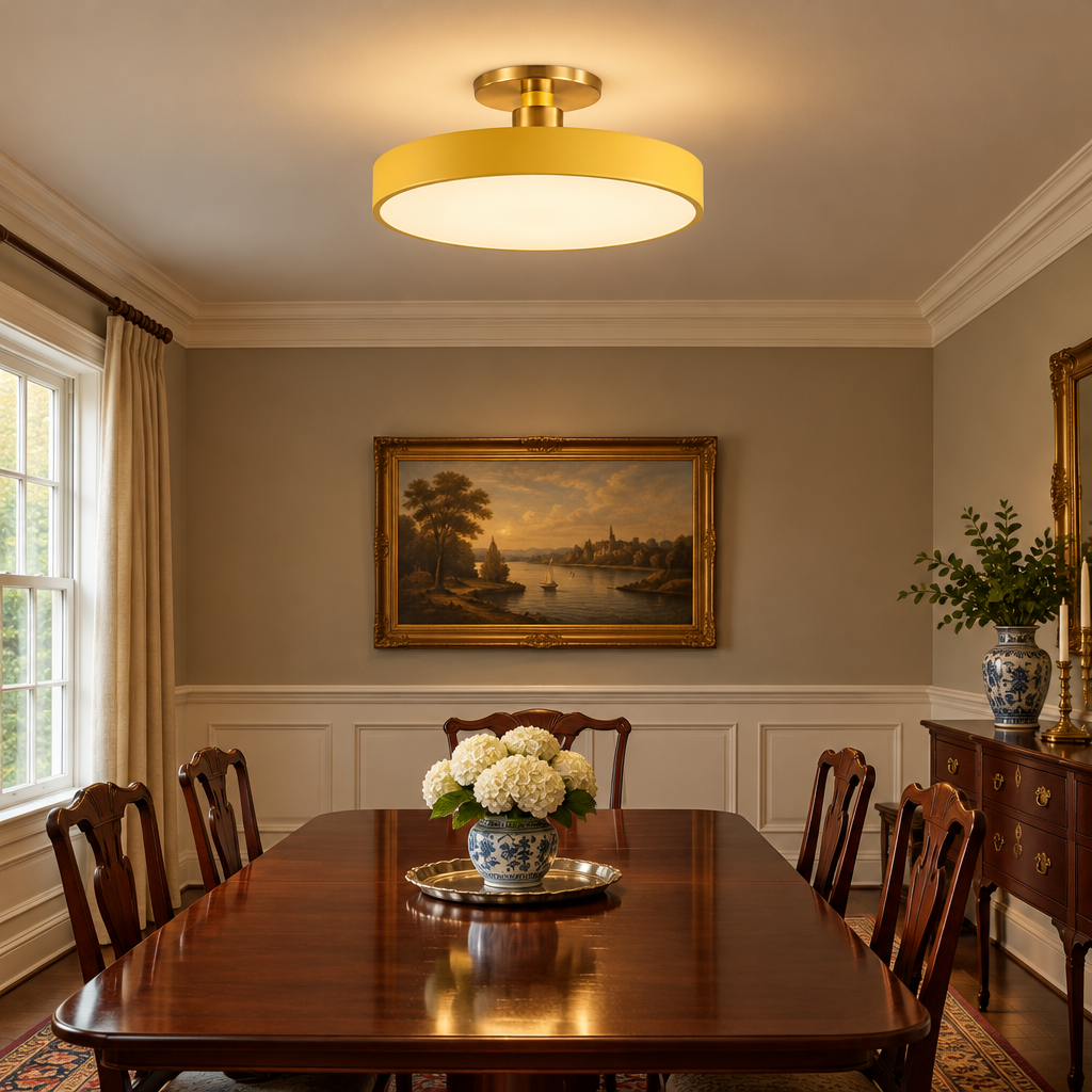 Tuva Flush Mount LED Ceiling Light, Yellow, in a colonial style dining room with wainscoting and a mahogany table