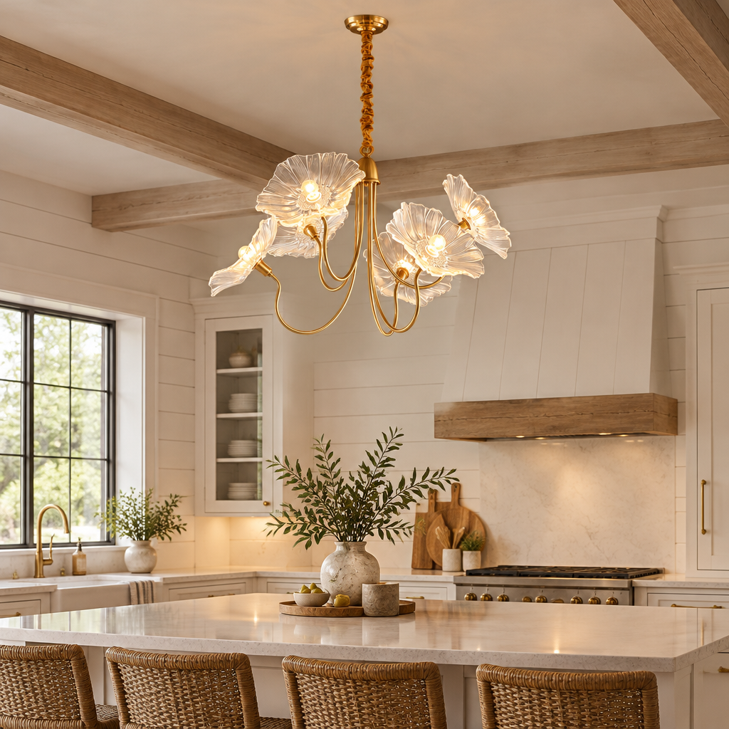 Ulani Lotus Leaf Glass Chandelier, 6 Lights Gold and Clear, in a modern farmhouse kitchen with a white quartz island and shiplap walls