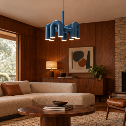 Zuri Modern LED Chandelier, 4 Lights Blue, in a mid-century ranch house den with walnut paneling and a low sofa