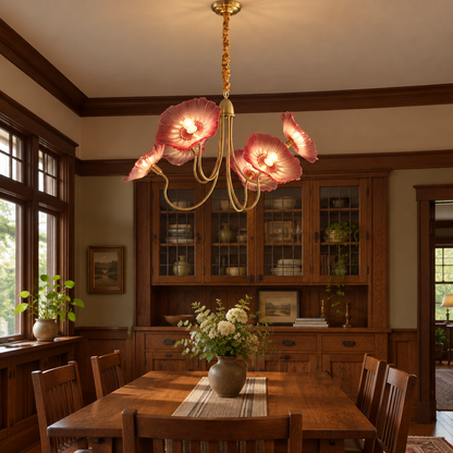 Ulani Lotus Leaf Glass Chandelier, 6 Lights Gold and Pink, in a craftsman bungalow dining room with wood trim and built-in cabinets