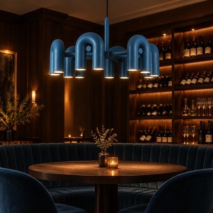 Zuri Modern LED Chandelier, 6 Lights Blue, in an intimate wine bar with dark wood and velvet seating
