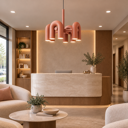 Zuri Modern LED Chandelier, 4 Lights Orange, in a medical spa reception area in a suburban office park