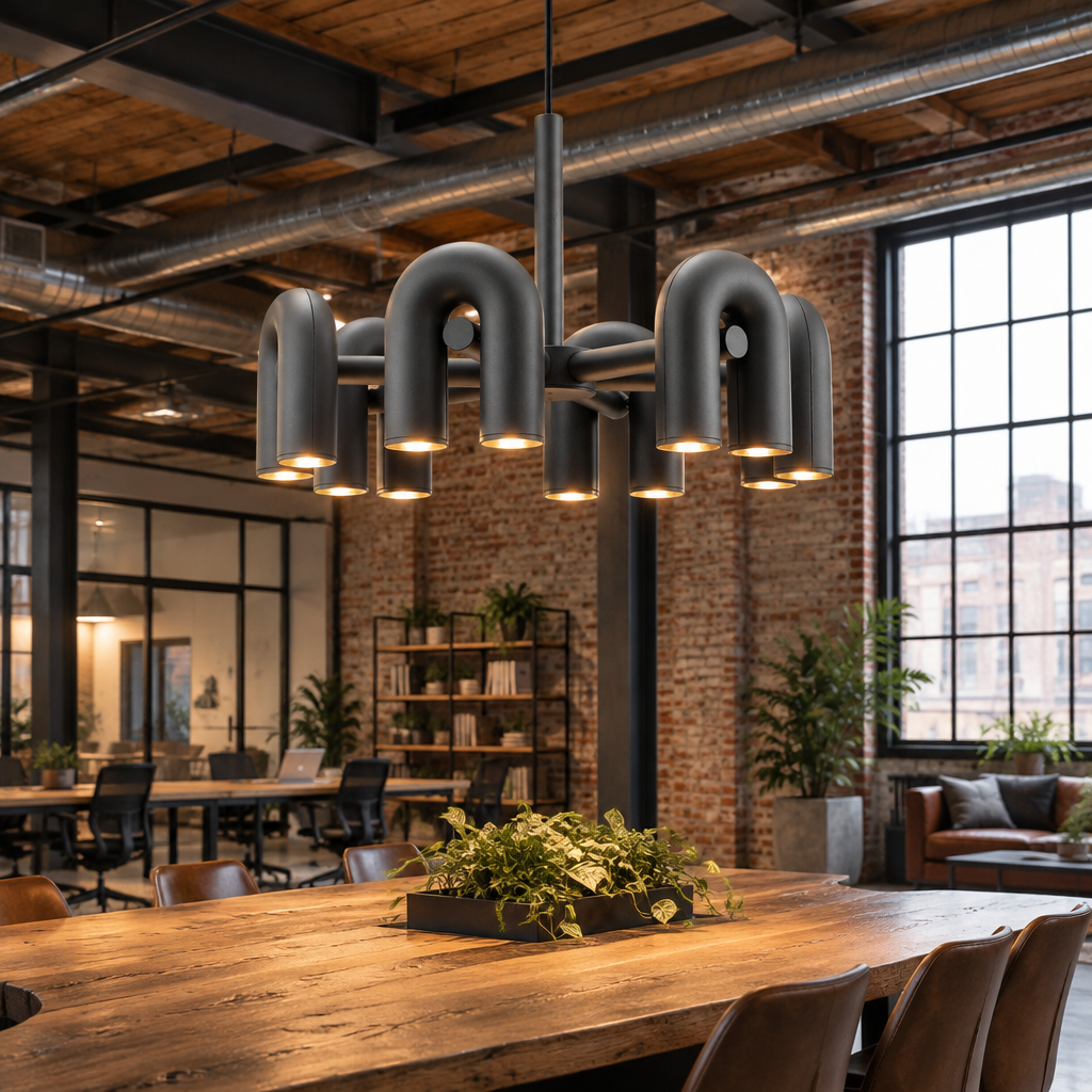 Zuri Modern LED Chandelier, 6 Lights Black, in a co-working space in a converted warehouse
