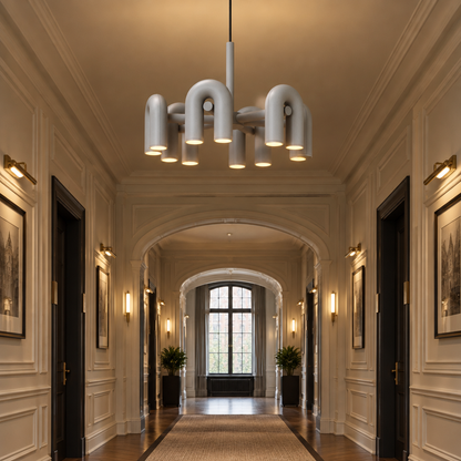 Zuri Modern LED Chandelier, 6 Lights Gray, in a hotel corridor in a renovated U.S. historic hotel