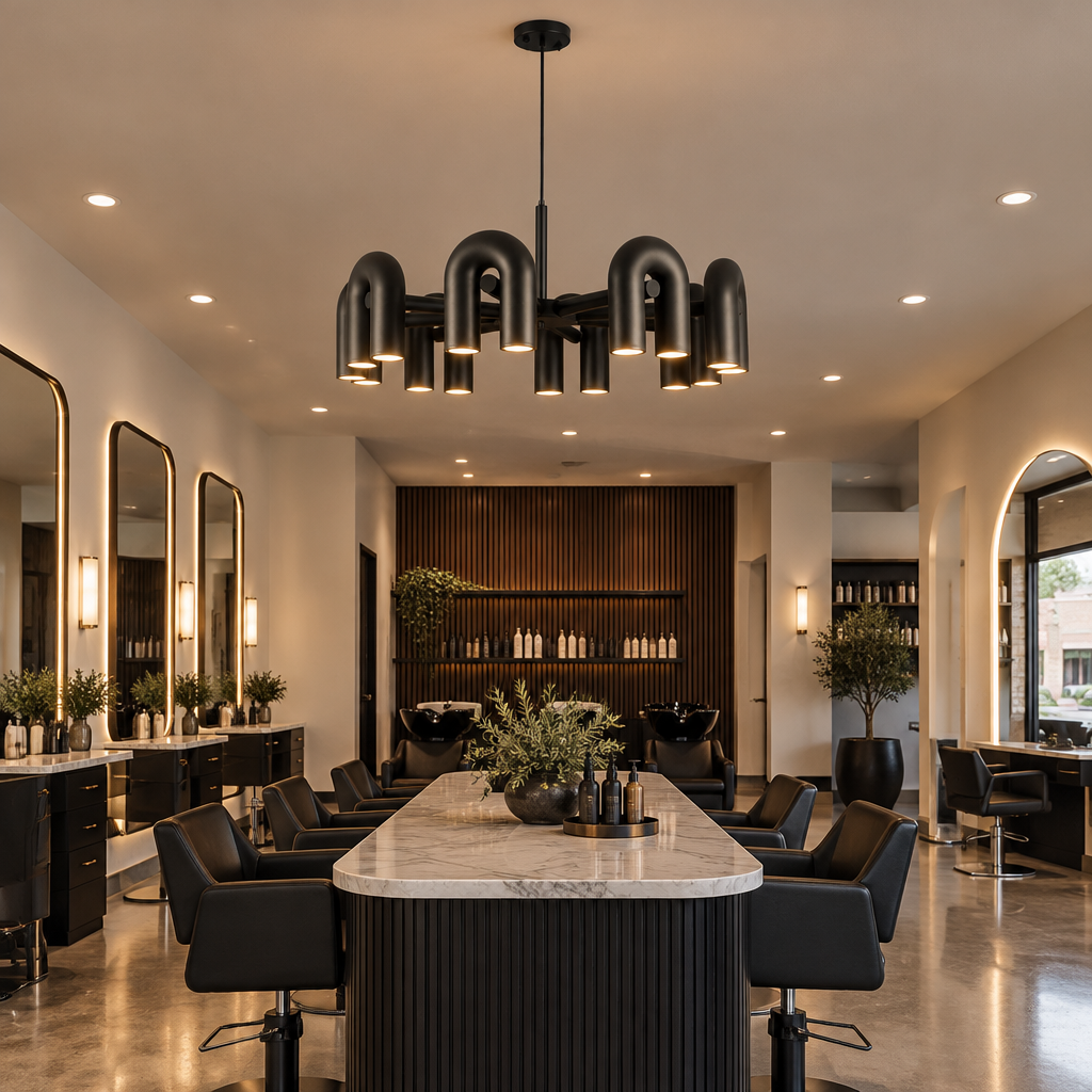 Zuri Modern LED Chandelier, 8 Lights Black, in an upscale hair salon in a U.S. strip mall