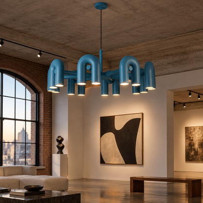 Zuri Modern LED Chandelier, 8 Lights Blue, in an art gallery in a converted downtown loft