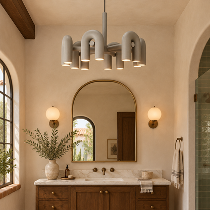 Zuri Modern LED Chandelier, 6 Lights Gray, in a Southern California Spanish bungalow bathroom with a vanity and arched mirror