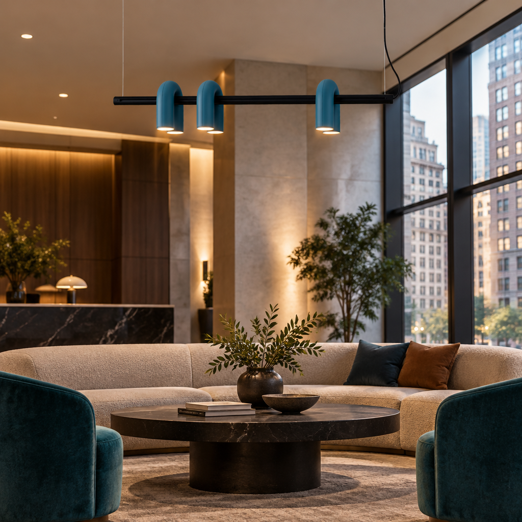 Zuri Modern LED Chandelier, 3 Lights Blue, in a boutique hotel lobby lounge in a downtown U.S. city building