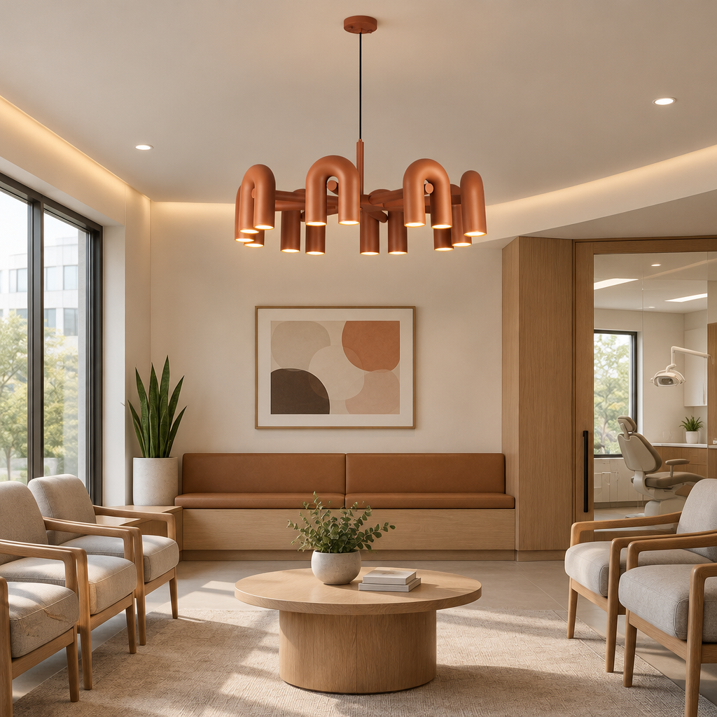 Zuri Modern LED Chandelier, 8 Lights Orange, in a dental office waiting room in a modern medical building