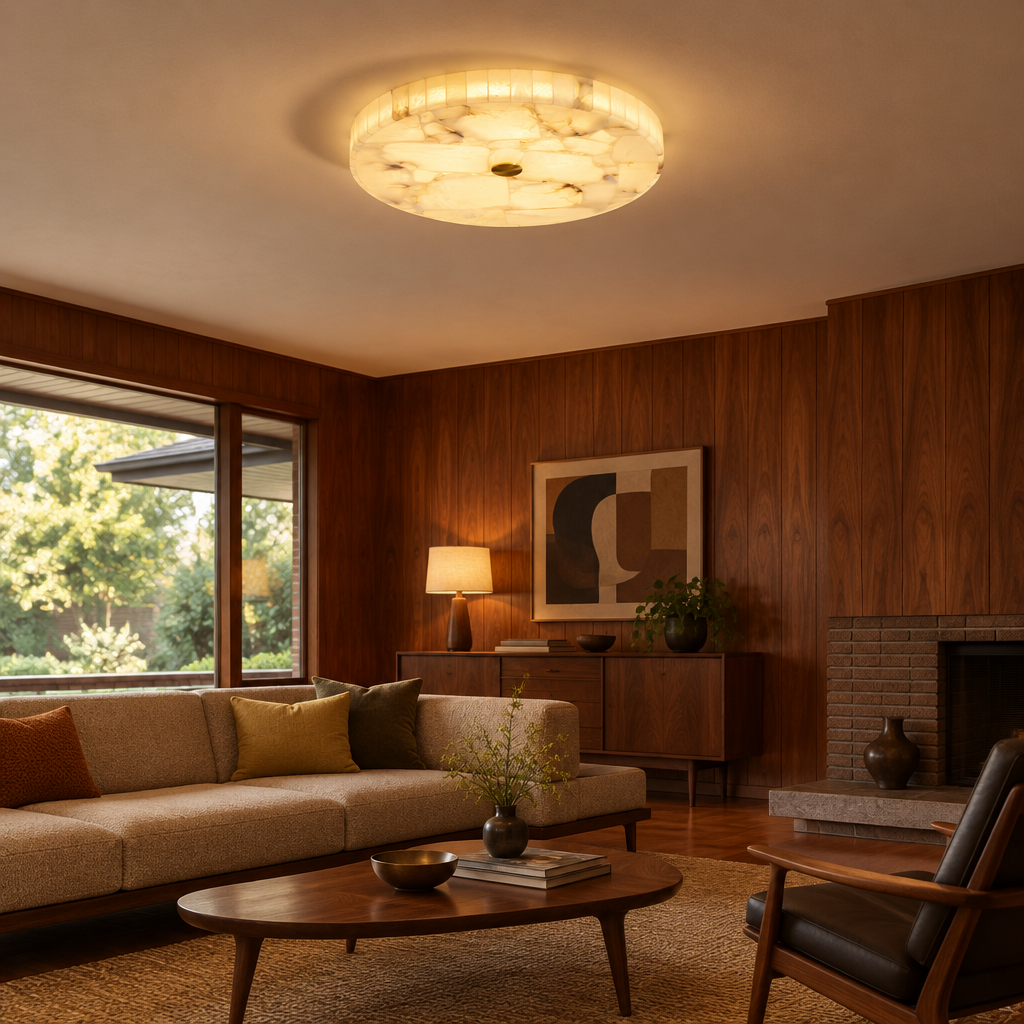 Xanthe Alabaster Flush Mount Ceiling Light in a mid-century ranch house den with walnut paneling and a low sofa