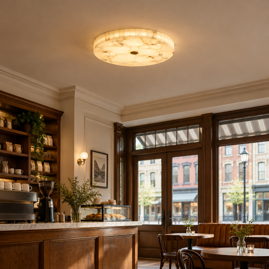 Xanthe Alabaster Flush Mount Ceiling Light in a coffee shop in a historic Main Street storefront