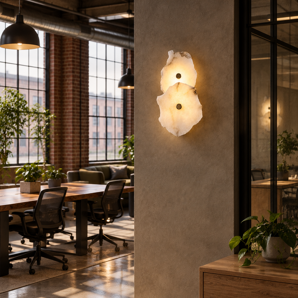 Kaia Alabaster LED Wall Sconce, 2 Lights, in a co-working space in a converted warehouse