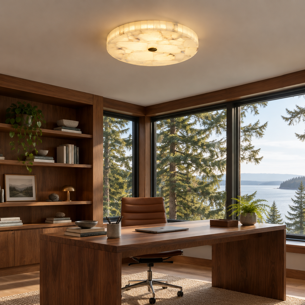 Xanthe Alabaster Flush Mount Ceiling Light in a Pacific Northwest home office with large windows and a walnut desk