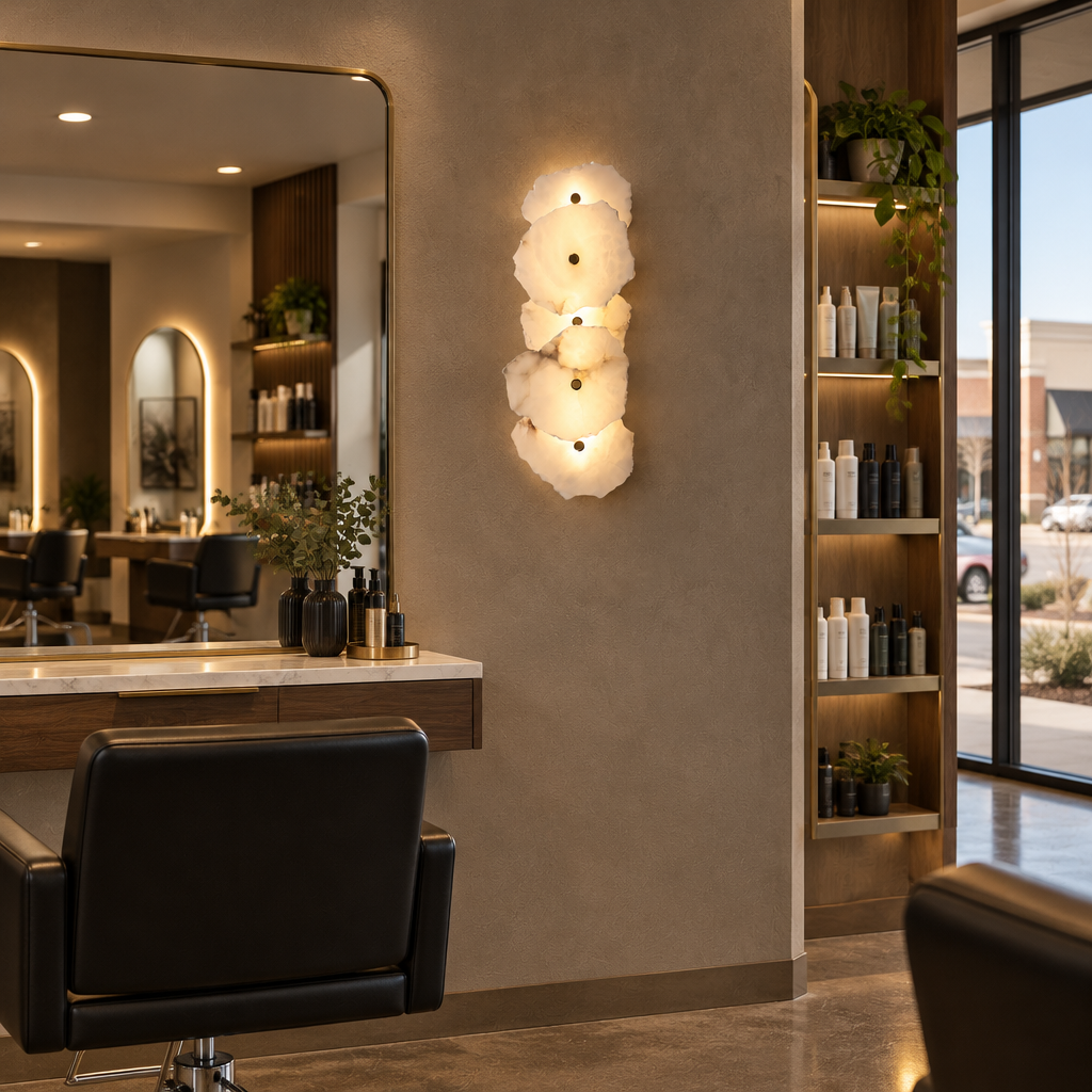 Kaia Alabaster LED Wall Sconce, 5 Lights, in an upscale hair salon in a U.S. strip mall
