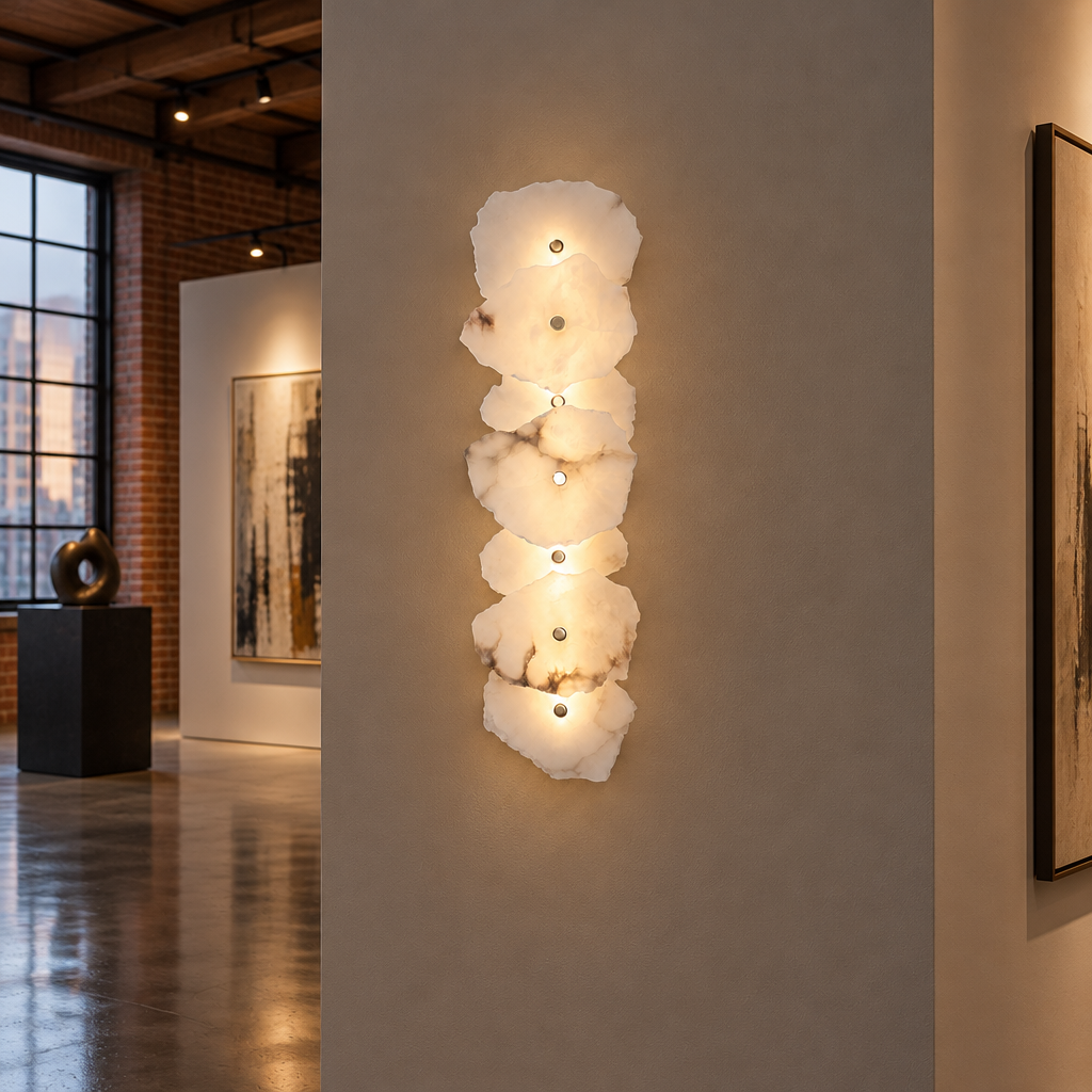Kaia Alabaster LED Wall Sconce, 7 Lights, in an art gallery in a converted downtown loft