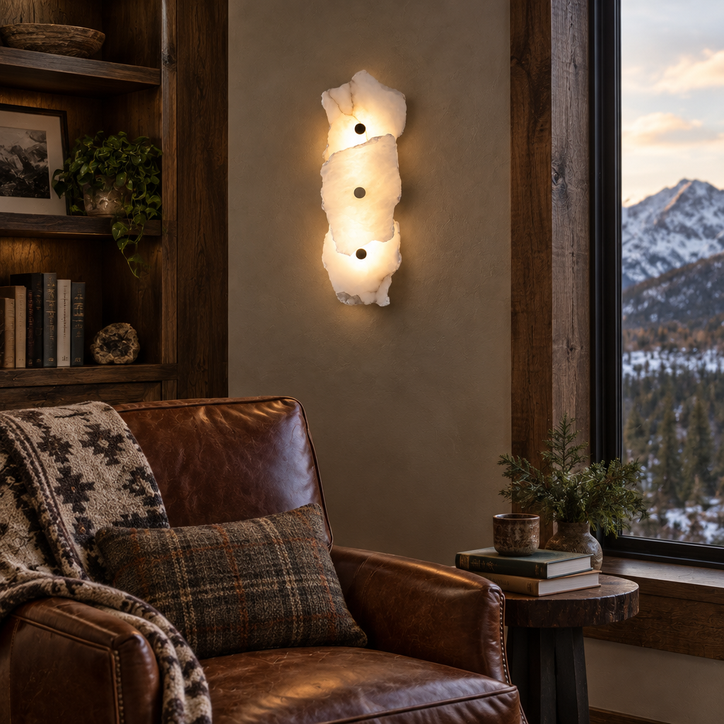 Kaia Alabaster LED Wall Sconce, 3 Lights, in a Colorado mountain home reading nook with a leather armchair