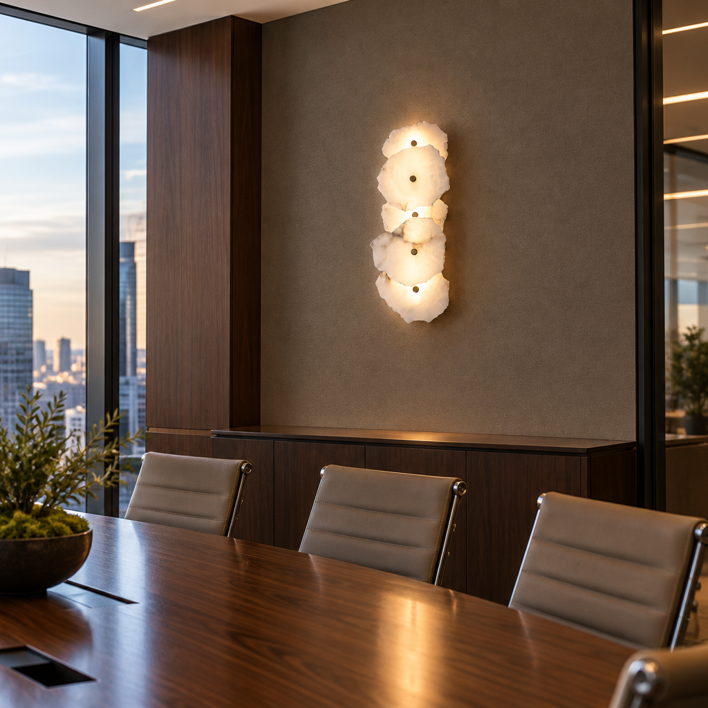 Kaia Alabaster LED Wall Sconce, 5 Lights, in a corporate conference room in a Class A office building