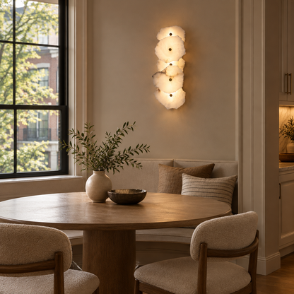 Kaia Alabaster LED Wall Sconce, 5 Lights, in an Atlanta townhouse breakfast nook with a round table