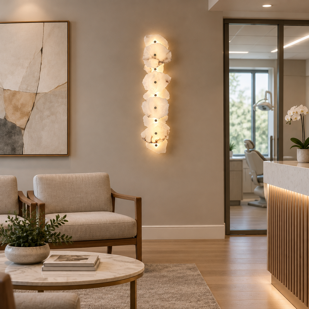 Kaia Alabaster LED Wall Sconce, 9 Lights, in a dental office waiting room in a modern medical building