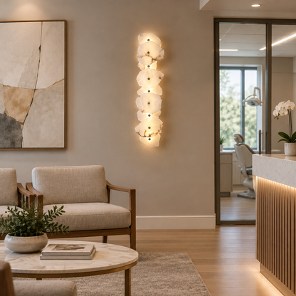 Kaia Alabaster LED Wall Sconce, 9 Lights, in a dental office waiting room in a modern medical building