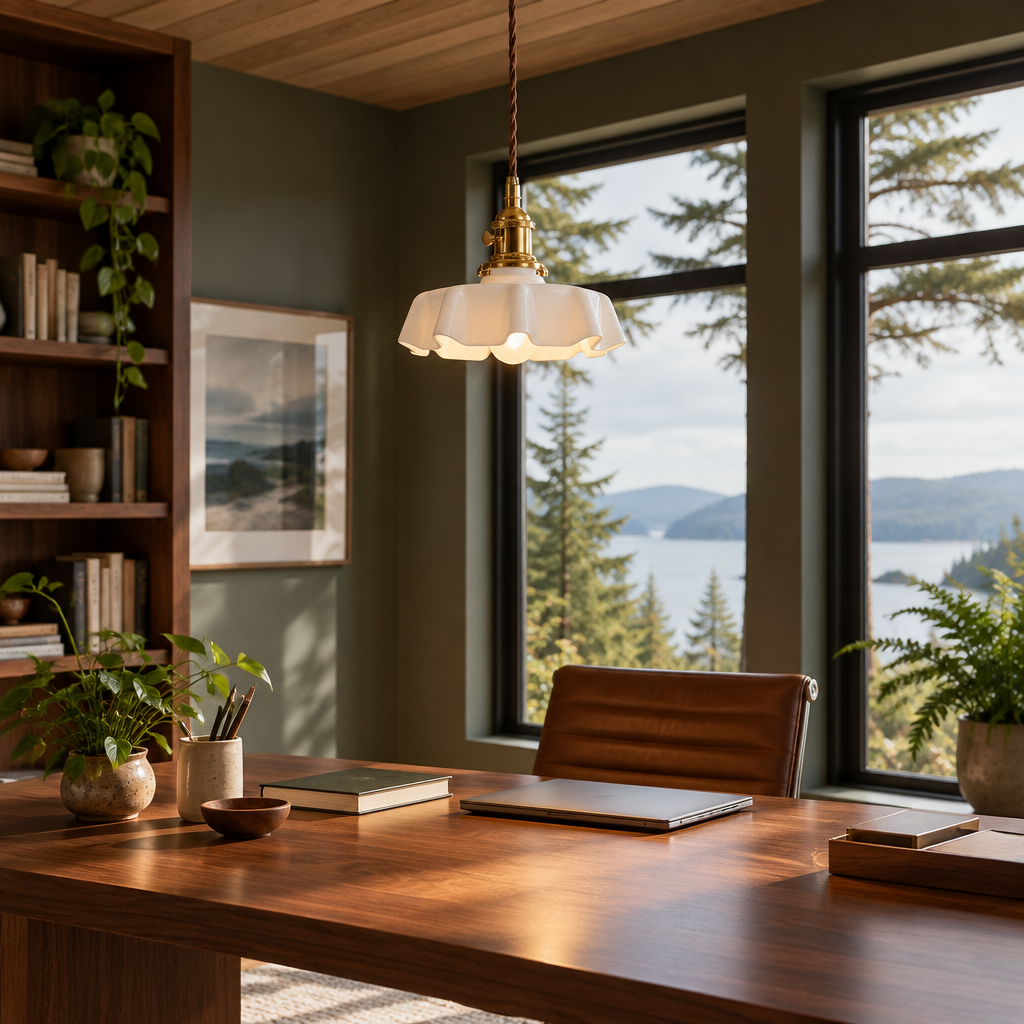 Hyacinth Pleated Glass Pendant Light, 1 Light Brass and White, in a Pacific Northwest home office with large windows and a walnut desk