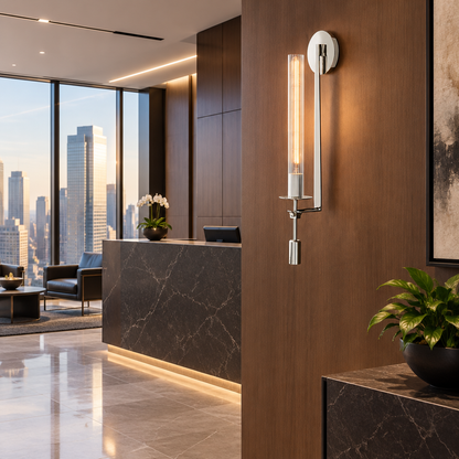 Odalys Brass Ribbed Glass Wall Sconce, Chrome and clear glass, in a modern law office reception area in a U.S. high rise