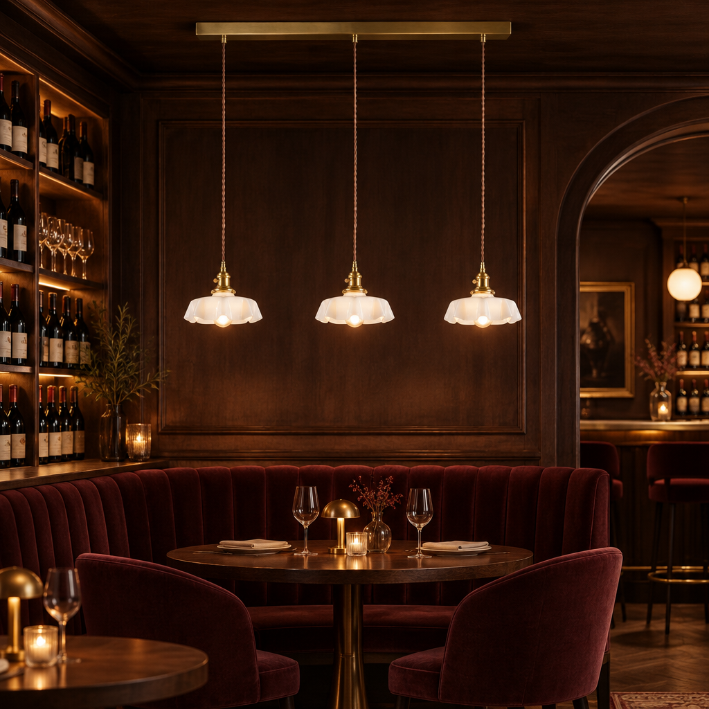 Hyacinth Pleated Glass Pendant Light, 3 Lights Brass and White, in an intimate wine bar with dark wood and velvet seating