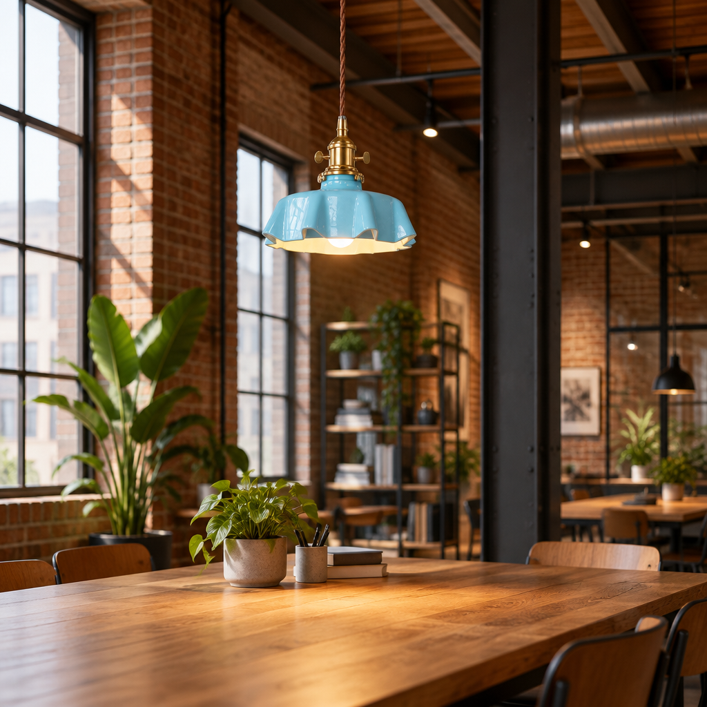 Hyacinth Pleated Glass Pendant Light, 1 Light Brass and Blue, in a co-working space in a converted warehouse